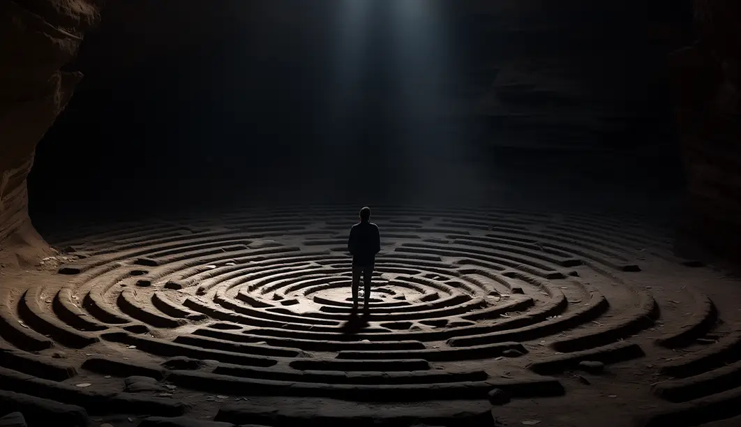 A lone figure stands at the center of a labyrinth in a dark cave