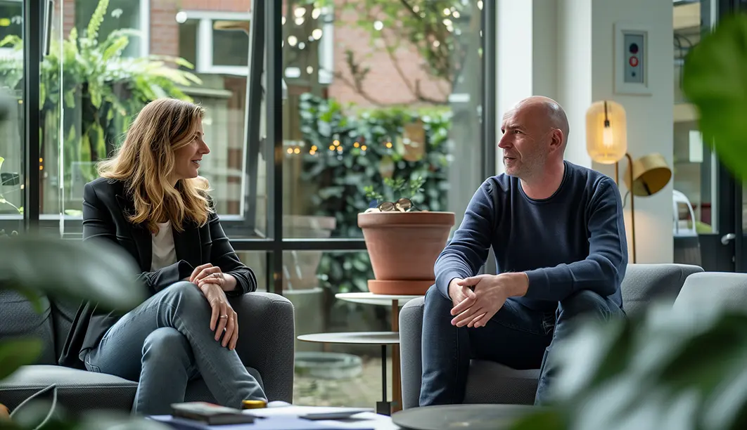 A man and a woman sit in chairs and talk with each other