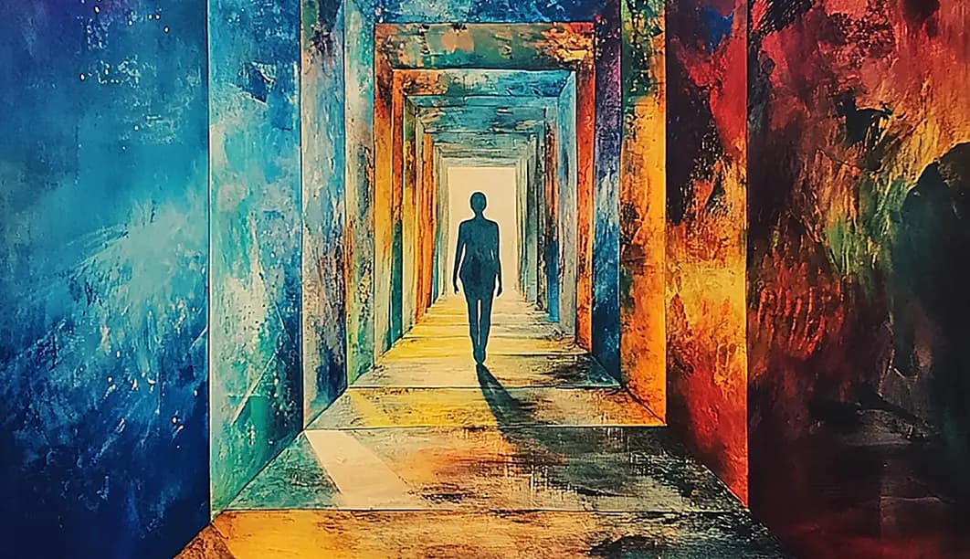 A shadowed figure walks through an abstract hall of open doors