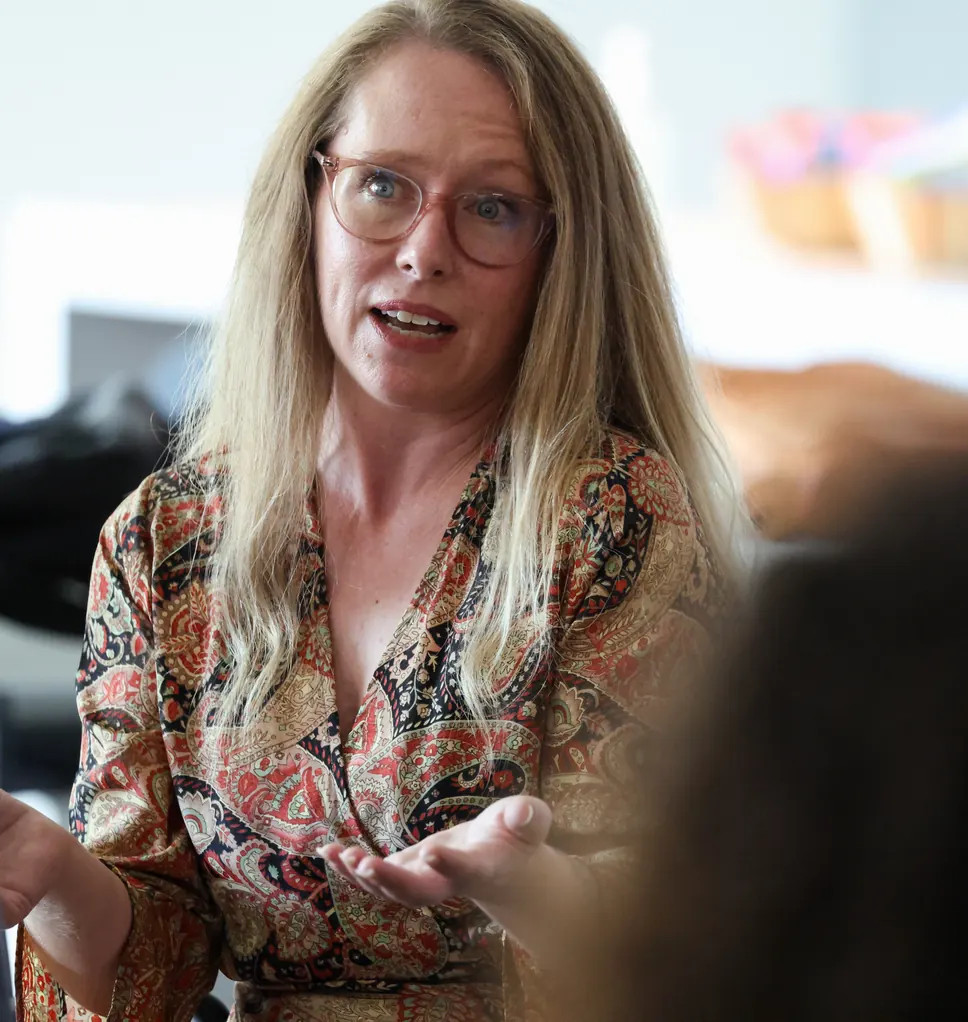 A participant speaks during a group discussion at a Meridian Transformative Learning Lab