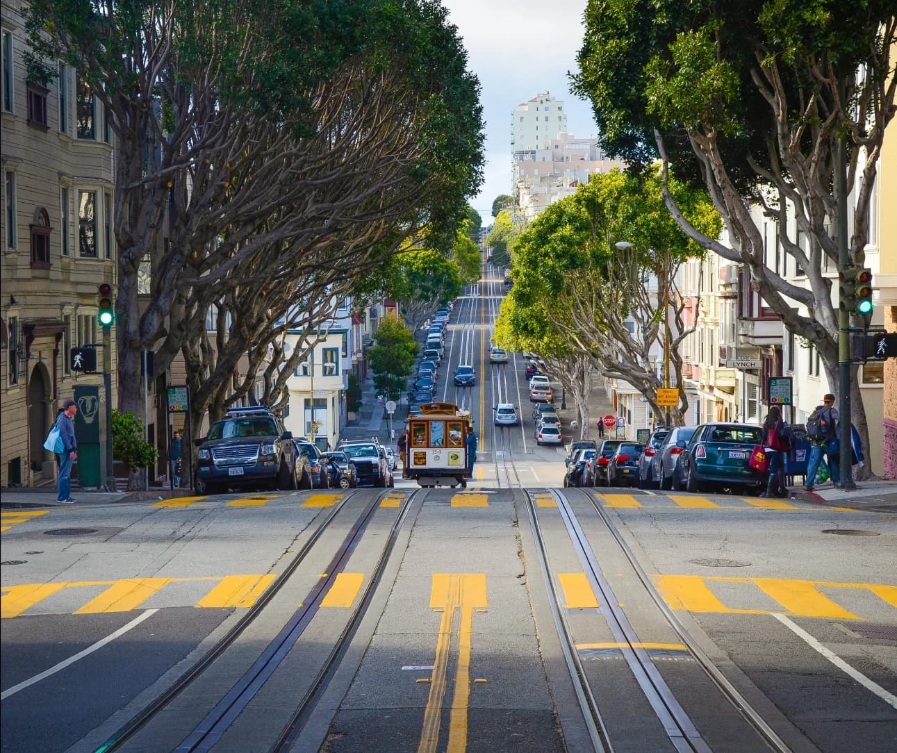 A cable car climbs a tree-lined San Francisco street