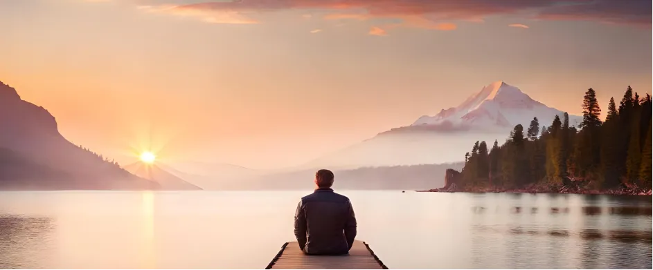 A man sits at the end of a dock watching the sunrise over a mountain lake