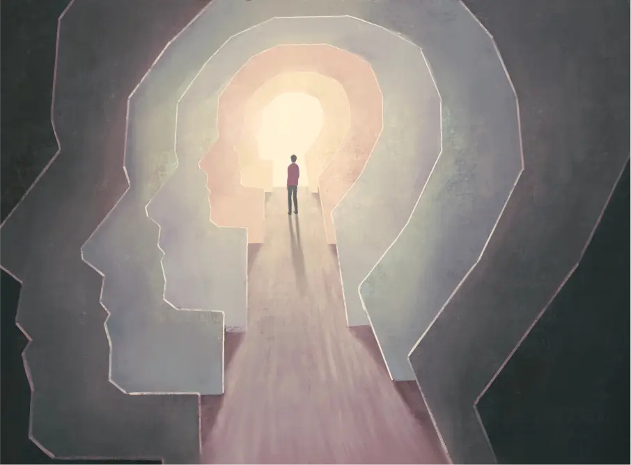 abstract image of human figure standing in a periscoping cutouts of a human head