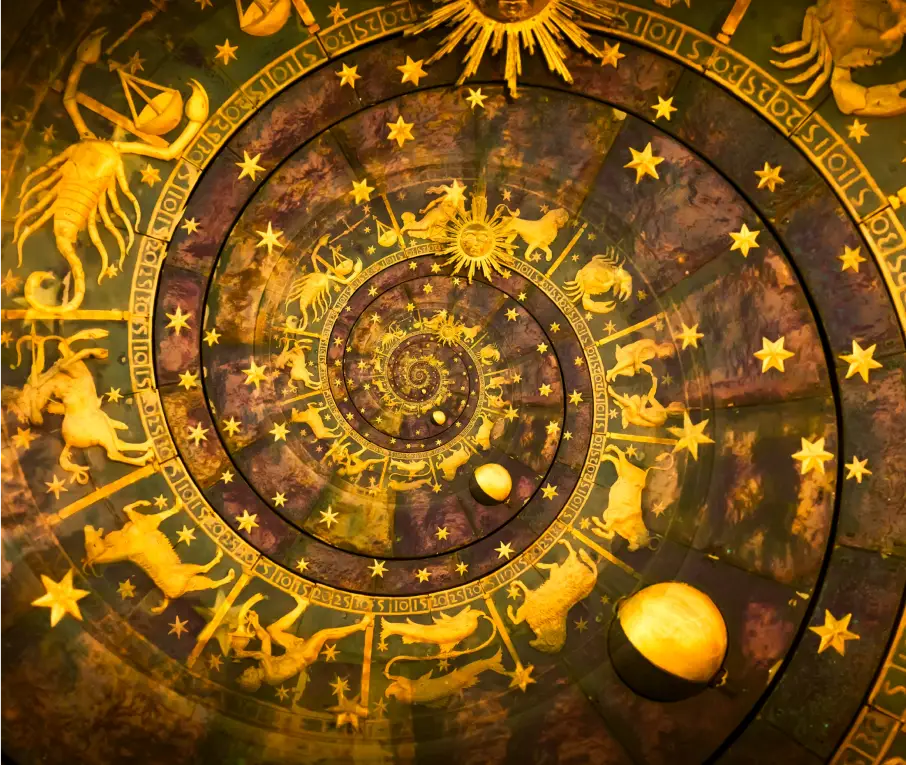 Golden zodiac figures, stars and planets on concentric rings that spiral inward, like an antique astronomical dial