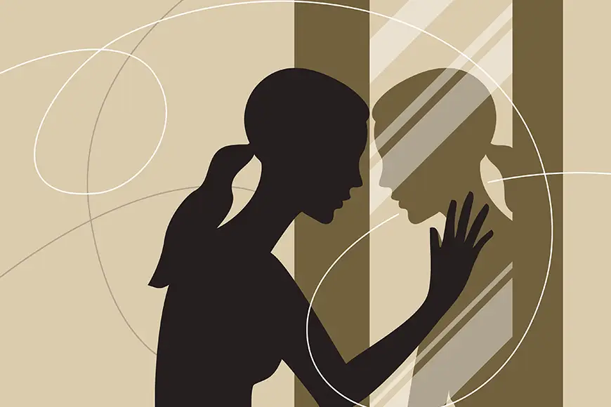 Illustration of a woman standing and looking at her reflection in the mirror
