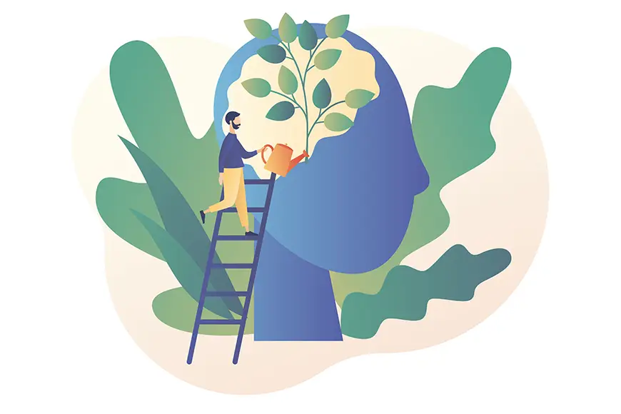 Conceptual illustration of a figure watering a tree rooted within a human head, representing the nurturing of one's self-awareness