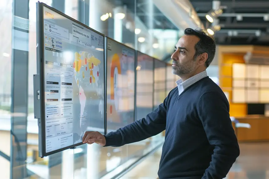 A confident, tech-savvy entrepreneur in a modern office with digital displays.