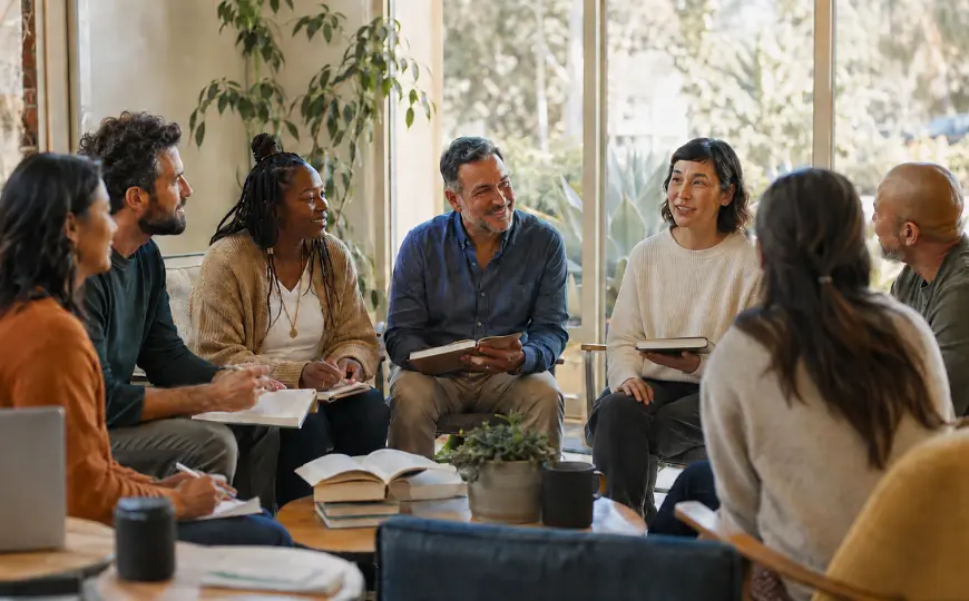 Group of adults seated in a circle with books and notebooks in a bright room with large windows and plants, engaged in discussion.