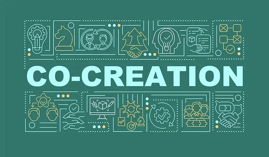 Infographics with linear icons on a green background and co-creation written in the middle of them