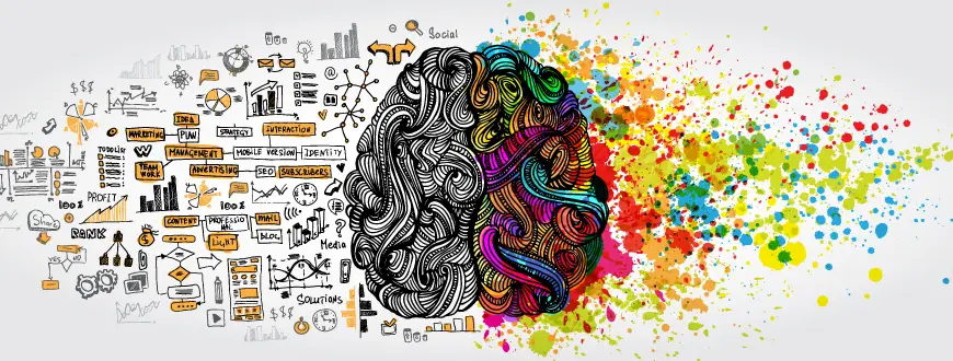 Depiction of the brain split into two parts, the logical part and the creative one