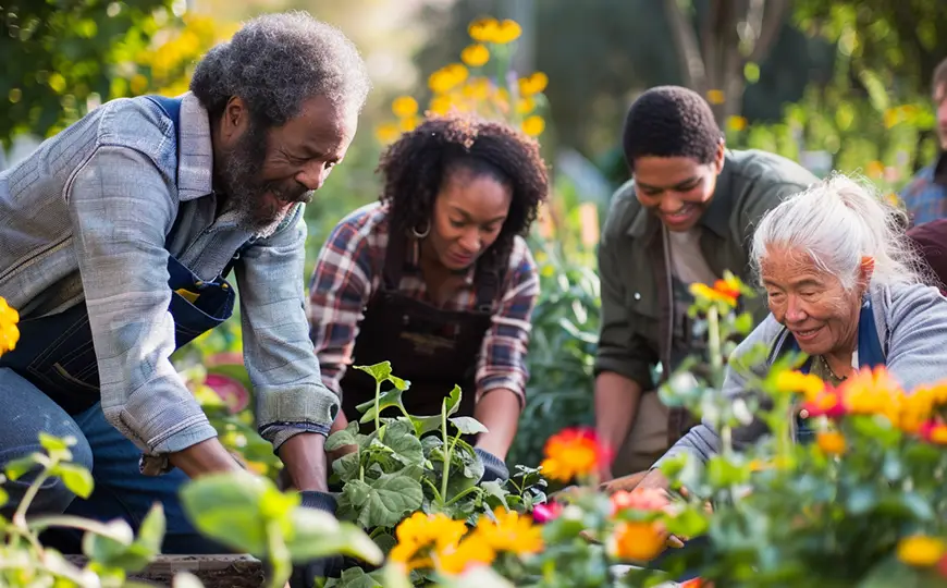 A group of diverse individuals planting in a sunlit community garden, embodying leadership through teamwork and dedication.