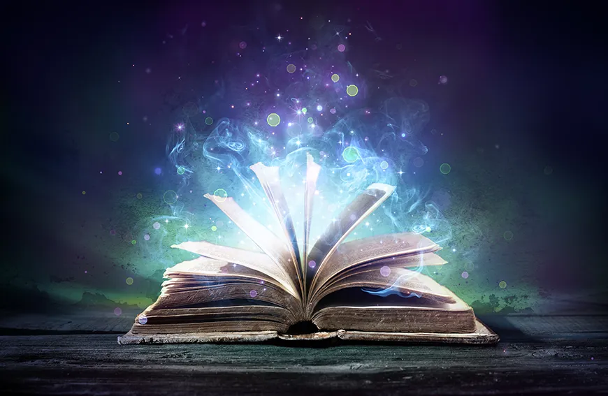 An opened magical book with pages glowing in different nuances of blue, green, and purple.