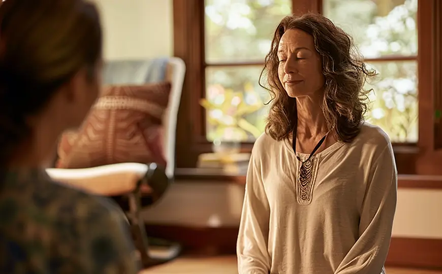 Two women practicing mindfulness meditation in a bright, plant-filled room.
