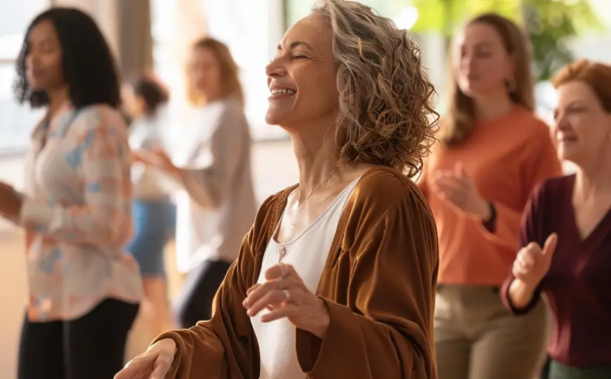 A diverse group of people joyfully dancing together in a warmly lit room with wooden floors and large windows. The central figure is a woman with curly hair, wearing a brown top and white pants, smiling as she dances with others.