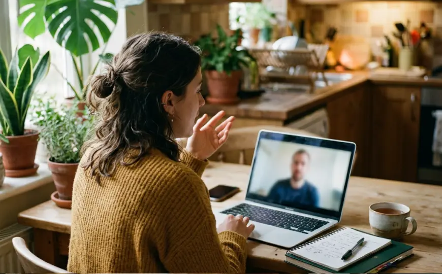 A woman coaching a client over a video call from her kitchen table, with a laptop, notebook, and cup of tea in front of her.