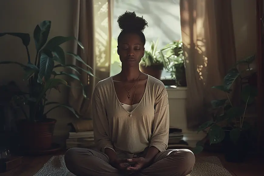 A woman meditating in a serene indoor setting with plants around her.
