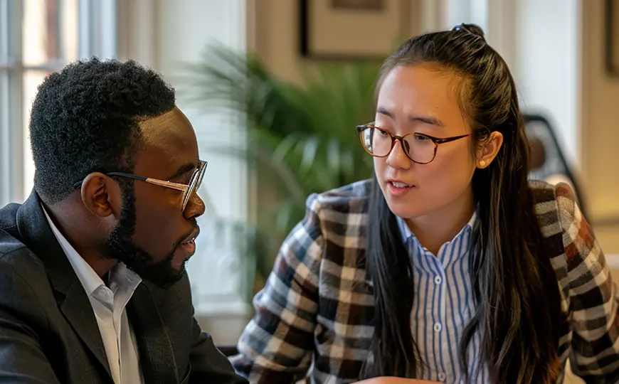 Two professionals collaborating on documents in a bright office setting.