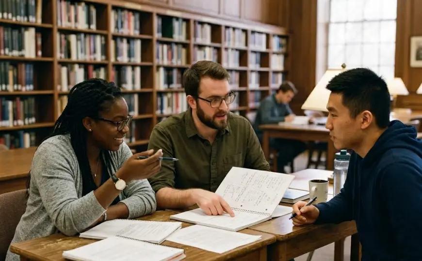 Three graduate students discussing notes together at a table in a wood-paneled university library.