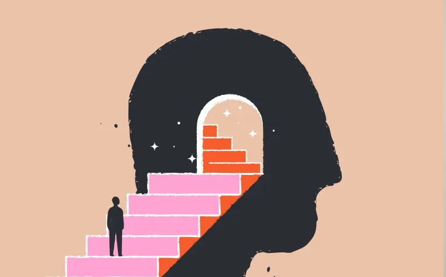 Illustration of a small figure standing on steps inside the silhouette of a human head, symbolizing inner exploration and psychological development.