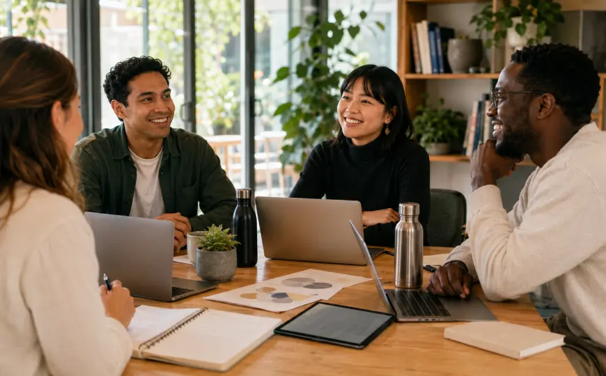 Four professionals gathered around a wooden table with laptops, notebooks, and reusable water bottles, in warm conversation with plants and bookshelves in the background.