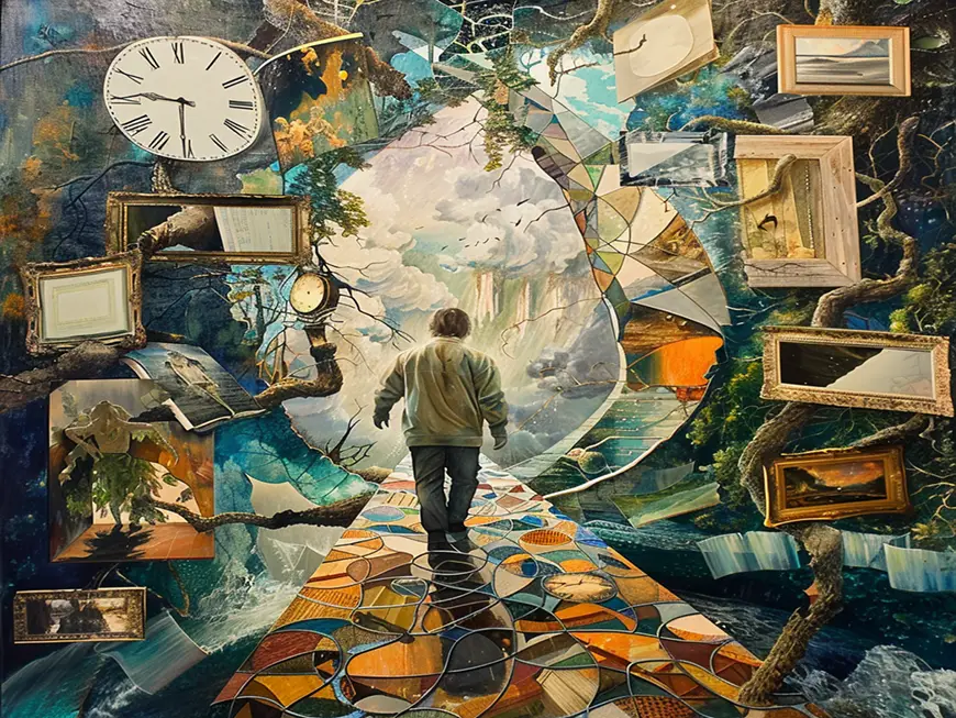 A person walks on a mosaic pathway through a surreal landscape, with floating clocks and framed images amidst natural and cosmic scenery