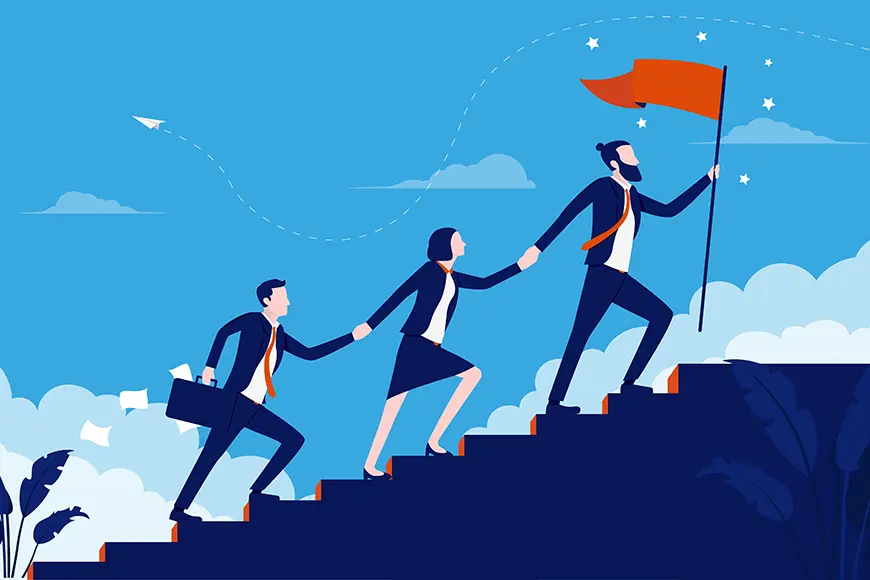 Three animated people climb a staircase while holding hands. The animated person closer to the top also holds a flag in his right hand.