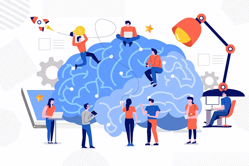 Scene depicting multi-faceted psychological activities with a brain at the center, highlighting the depth of mental health services