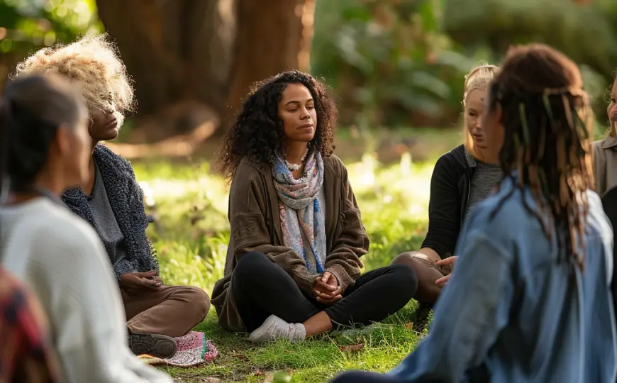 A small group sits in a circle on the grass outdoors, one woman cross-legged with eyes closed in quiet meditation.