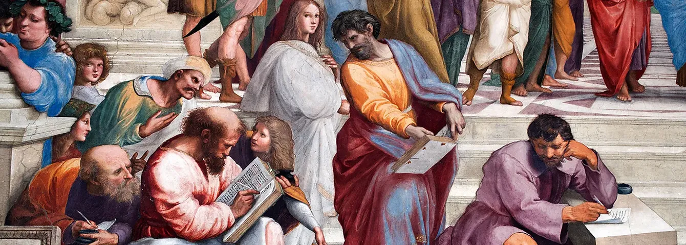 Detail of Raphael's fresco The School of Athens: philosophers reading, writing and debating on marble steps