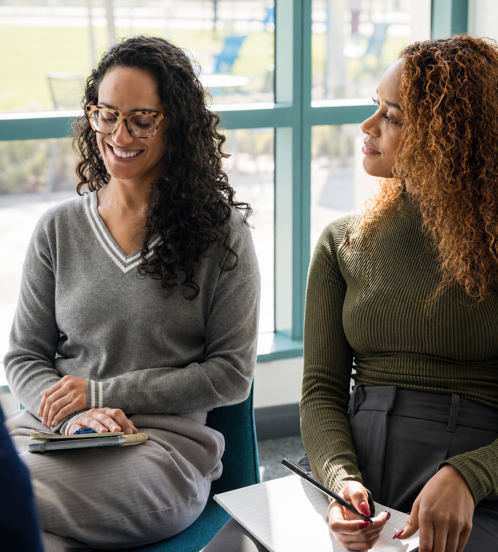 Two women sitting together having a conversation at Meridian University